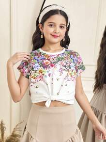 SHEIN تي شيرت فضفاض مطبوع بزهور مكشكش في الأطراف للفتيات المراهقات