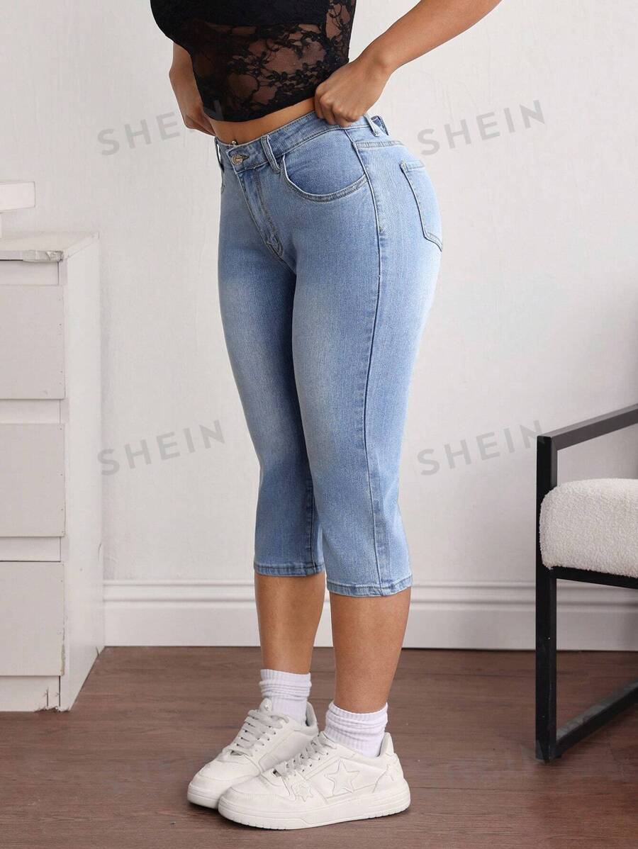 SHEIN EZwear Pantalones vaqueros casuales versátiles de mujer 7/8 con bolsillos, ajustados