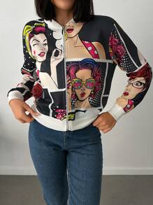 SHEIN Cottnline 女士卡通人物长袖休闲棒球夹克 - 灰色 - 查看 6