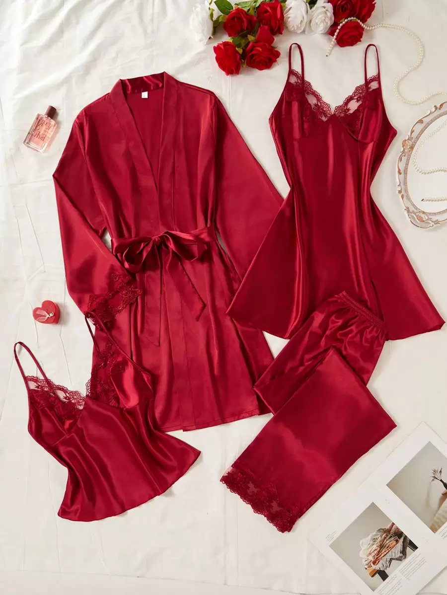 SilkySpell Women's Elegant Embroidered Lace Cami Top & Sleep Dress & Pants & Sleepwear Belted Robe Multi Pieces Set, Fall Winter Clothes - Burgundy - View 1