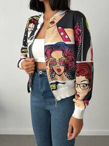 SHEIN Cottnline 女士卡通人物长袖休闲棒球夹克 - 灰色 - 查看 3