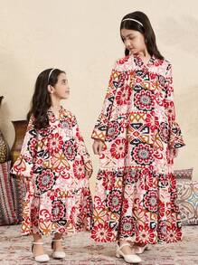 SHEIN Tween Girls Loose Retro Print Long Sleeve Flared Dress - Red - View 2