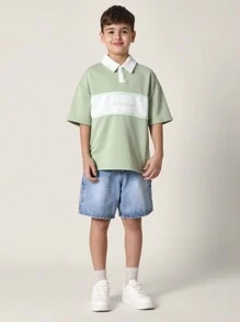 SUMWON Premium Youth Color Block Summer Polo Shirt Modern Preppy Casual Short Sleeve Golf Tennis Sport Streetwear Top With Brand Embroidery - Green - View 3