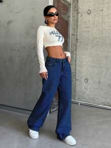 SHEIN Cottnline 100% Cotton LOW RISE WIDELEG CUT LIGHT BLUE WOMEN JEAN - Dark Wash - View 3