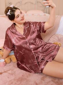 Plus Size Letter Heart Print Short Sleeve Shirt & Shorts Satin Pajama Set