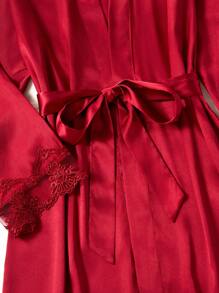 SilkySpell Women's Elegant Embroidered Lace Cami Top & Sleep Dress & Pants & Sleepwear Belted Robe Multi Pieces Set, Fall Winter Clothes - Burgundy - View 4