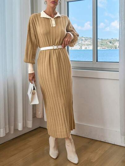 EURMUSE Women Solid Color Front Button Detailed Drop Shoulder Maxi Sweater Dress