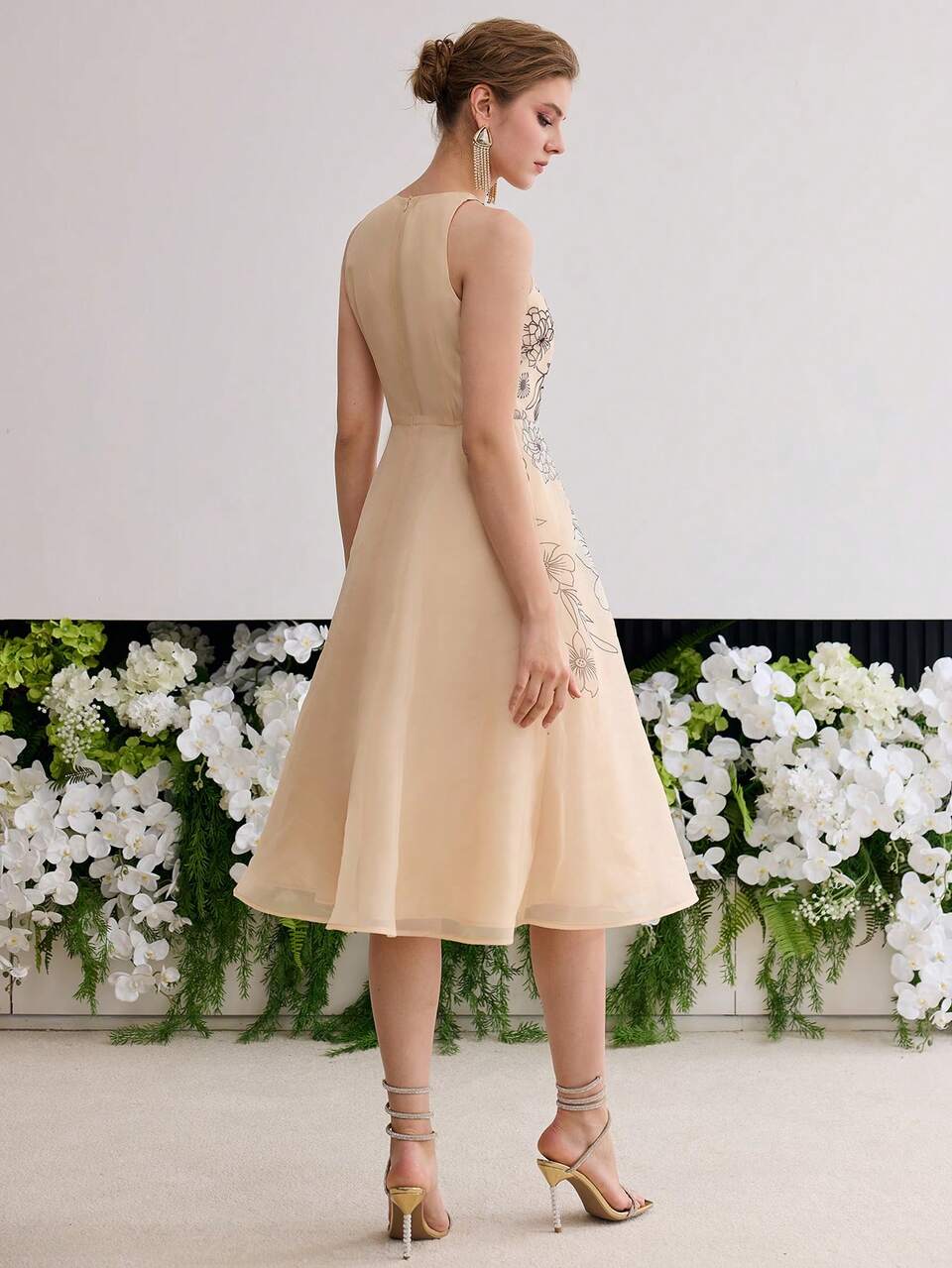 WOMEN ELEGANT FLORAL PRINT MID-LENGTH DRESS