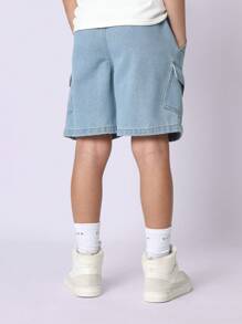 SUMWON Shorts in denim con coulisse di stile atletico, casual estivo con tasche laterali cargo, medio-coscia, in morbida misto cotone, per giovani e adolescenti - celeste - Visualizzare 5