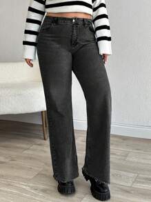 EURMUSE HIGH RISE FRAYED HEM STRAIGHT VUT PLUS SIZE JEAN - Dark Grey - View 4