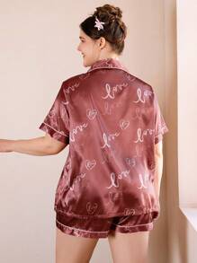 Plus Size Letter Heart Print Short Sleeve Shirt & Shorts Satin Pajama Set
