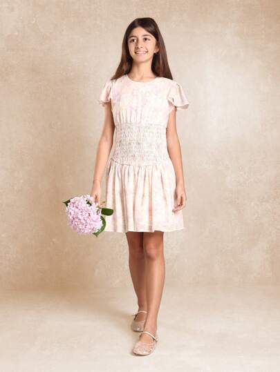 SUMWON Flutter Sleeve Smocked Waist Floral Party Dress Spring Summer Tea Party Special Occasion Midi Above Knee Tween Girls Dress