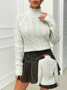 EURMUSE Elegant Mock Turtle Neck Cable Knit Brushed Yarn Button Detail On The Back Cozy Sweater - Apricot - View 1