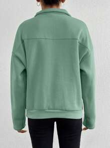 RueChic Cotton Half Button Flap Detail Drop Shoulder Sweatshirt - Mint Green - View 2