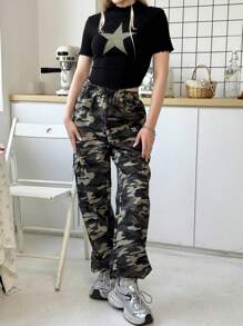 SHEIN Leap Crew 2 件套青少年女孩休闲简约圆领不对称下摆 T 恤和裤子套装 - 黑色 - 查看 4