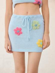 SHEIN Unity Casual Holiday 3D Flower Drawstring Waist Knitted Skirt - Blue - View 4