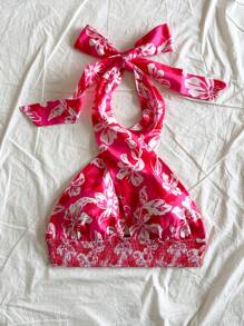 Soleia Vacation Lively Silhouette Floral Print Halter Top - Hot Pink - View 4