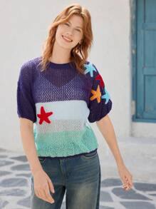 Skyraze Blue Sheer Hollow Out Mesh Knit Top, Beachwear Coverup - Blue - View 3