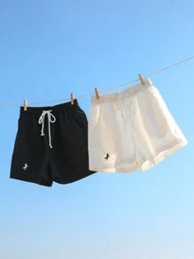 SHEIN Unity 2 件套夏季松紧腰抽绳斜口袋短裤，双色刺绣迷你马休闲短裤 - 彩色 - 查看 1
