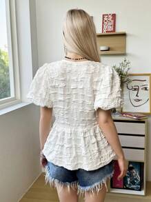 SHEIN Leap Crew Áo cánh tay bồng phối màu đơn giản buộc nơ phía trước cho bé gái tuổi teen - trắng - Xem 4