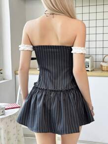 SHEIN Vestido midi ajustado de estilo casual Y2K para adolescentes, con parches y contraste de colores en el top de bandeau y la cintura - Gris - Ver 3