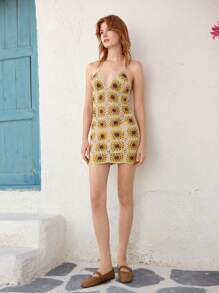 Skyraze Vestido casual de vacaciones con cuello de halter y estampado de girasol para mujer, hecho a crochet