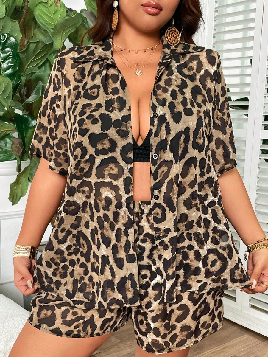 Swim Lushoire Plus Size Women 2 Pieces Set Leopard Print Cover Up Cover Up And Shorts Sexy Casual Beach Coverup Outfit For Summer Beach Vacation - Brown - View 1