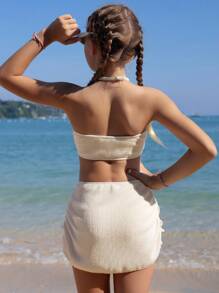 SHEIN 3 件套少女吊带比基尼套装带沙滩裙，欧式服装套装，夏季海滩度假装 - 杏色 - 查看 2