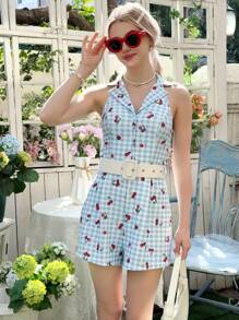 SHEIN 少女优雅简约格子樱桃印花无袖连体裤