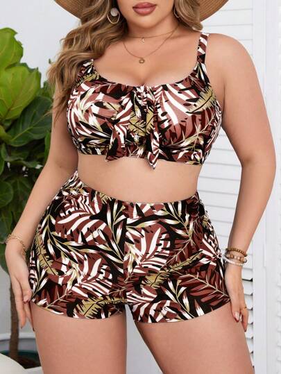 SHEIN Swim Curve مجموعة بيكيني سالوبيت مطبوع بطبعات استوائية عشوائية لحجم كبير للنساء قطعتان/طقم ، عطلة عارضة ، للشاطئ الصيفي