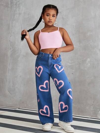 2 件/套青少年女孩心形印花直筒裤和纯色吊带背心，无配饰