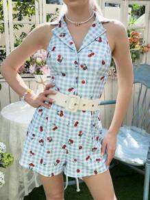SHEIN 少女优雅简约格子樱桃印花无袖连体裤