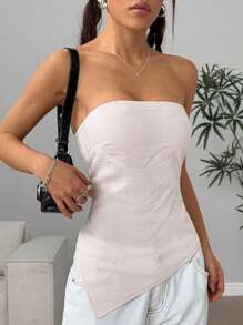 Flirla Women Solid Color Asymmetrical Hem Fashionable Bandeau Top - Apricot - View 4