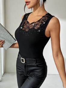 SHEIN Clasi 女式黑色罗纹背心女式背心无袖圆领纯黑色针织弹力贴花亮钻春夏女士节日服装优雅上衣 - 黑色 - 查看 5