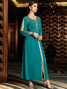 Al Najma Handmade Rhinestone Patchwork Long Sleeve Split Arab Style Long Dress, Arabian Dresses - Green - View 5