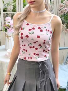 SHEIN Teens' Slim-Fit Casual Minimalist Comfortable Cherry Pattern Bow Decor Camisole - Pink - View 3