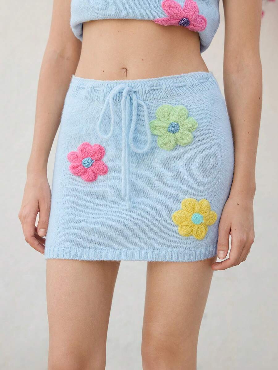 SHEIN Unity Casual Holiday 3D Flower Drawstring Waist Knitted Skirt - Blue - View 1