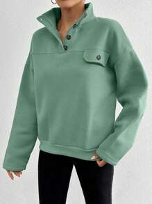 RueChic Cotton Half Button Flap Detail Drop Shoulder Sweatshirt - Mint Green - View 5