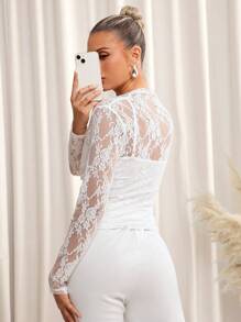 SHEIN Clasi Women Fitted Pleated Sheer Lace Long Sleeve Blouse, Elegant Everyday Wear, Spring/Summer
