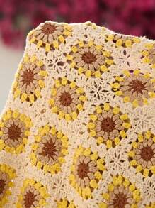 Skyraze Vestido casual de vacaciones con cuello de halter y estampado de girasol para mujer, hecho a crochet