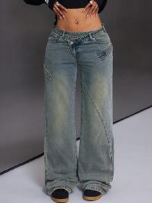 SHEIN ICON Jeans casuales de mujer ajuste holgado con bolsillo asimétrico en la cintura