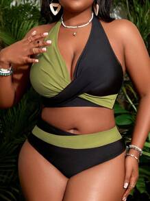 SHEIN Slayr CURVE Plus Size Women Color Block Personalized Halter Bikini Set, Vacation Wear, For Summer Beach