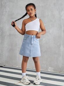 Spódnica dżinsowa w stylu casual z nadrukiem w stylu tween girl
