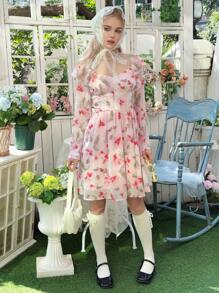SHEIN Teen Girl's Elegant Square Collar Ruffle Hem Cinched Waist Floral Decor Dress - Pink - View 3