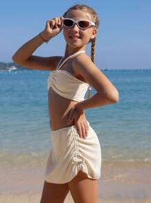 SHEIN 3 件套少女吊带比基尼套装带沙滩裙，欧式服装套装，夏季海滩度假装 - 杏色 - 查看 6