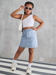 Spódnica dżinsowa w stylu casual z nadrukiem w stylu tween girl