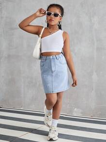 Spódnica dżinsowa w stylu casual z nadrukiem w stylu tween girl