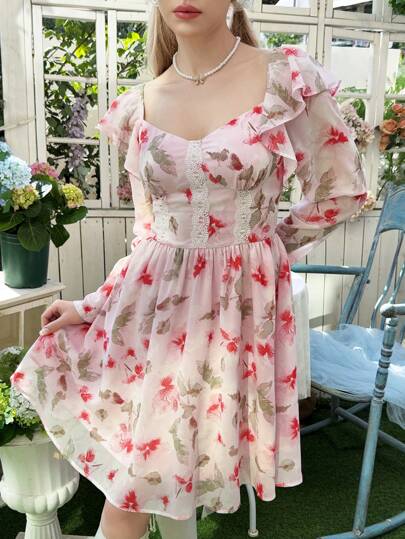 SHEIN Teen Girl's Elegant Square Collar Ruffle Hem Cinched Waist Floral Decor Dress