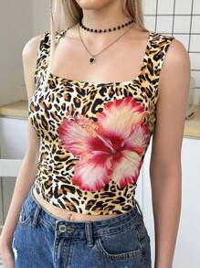 SHEIN Teenager Mädchen Passform Lässig Leoparden- und Blume Muster Crop Top mit Bauchnabel im Y2K Stil