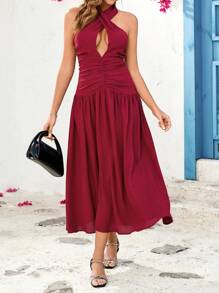 SHEIN Clasi 度假装女士，优雅女士酒红色重叠领带，褶皱开叉腰，A 字飘逸连衣裙，适合各种场合，春夏连衣裙，浪漫优雅 - 酒紅色 - 查看 2